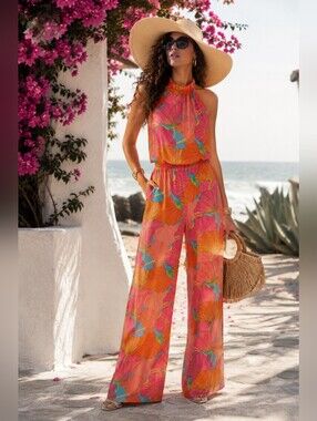 Trina Turk Tropical Print Halter Jumpsuit Medium Resort Wide Leg Retro Glam